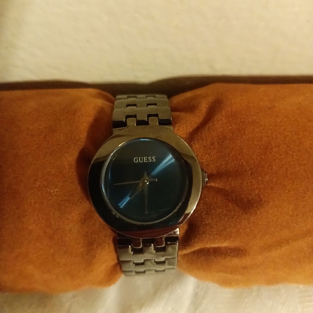 Guess blue face pewter tone women's watch